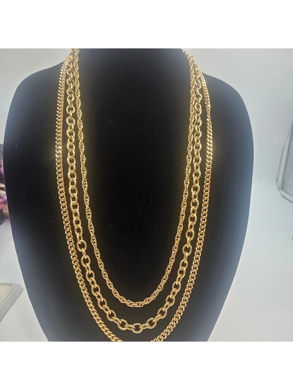 Vintage Triple Strand Gold Tone Layered Chain Necklace Statement Princess 17"